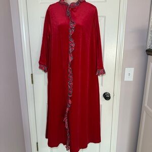 VTG Chiha RedVelvet Robe Gown 1960s Red Plaid Satin Trim Holiday Zip Pockets